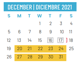 District School Academic Calendar for Schulze Elementary for December 2021
