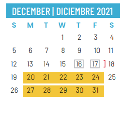 District School Academic Calendar for Union Bower Center For Learning for December 2021