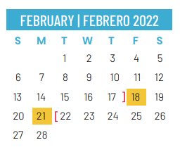 District School Academic Calendar for Union Bower Center For Learning for February 2022