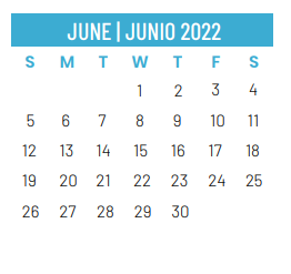 District School Academic Calendar for Schulze Elementary for June 2022