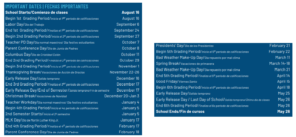 District School Academic Calendar Key for Union Bower Center For Learning