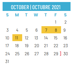 District School Academic Calendar for The Academy Of Irving Isd for October 2021