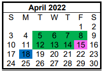 District School Academic Calendar for Hill Co J J A E P for April 2022