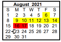 District School Academic Calendar for Hill Co J J A E P for August 2021