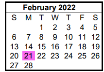 District School Academic Calendar for Hill Co J J A E P for February 2022