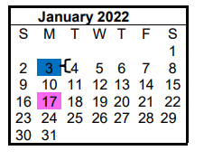 District School Academic Calendar for Hill Co J J A E P for January 2022