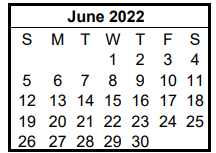 District School Academic Calendar for Hill Co J J A E P for June 2022