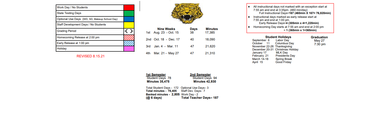 District School Academic Calendar Key for Hill Co J J A E P