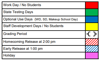 District School Academic Calendar Legend for Hill Co J J A E P