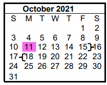 District School Academic Calendar for Hill Co J J A E P for October 2021