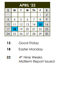 District School Academic Calendar for Career Academic Placement Program for April 2022