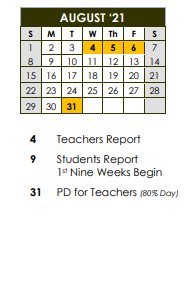 District School Academic Calendar for Woodville Heights Elementary School for August 2021