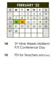 District School Academic Calendar for Smith Elementary School for February 2022