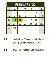 District School Academic Calendar for Brown Elementary School for February 2022