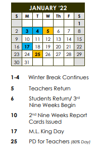 District School Academic Calendar for Callaway High School for January 2022