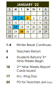 District School Academic Calendar for Watkins Elementary School for January 2022