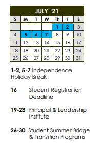 District School Academic Calendar for Northwest Middle School for July 2021