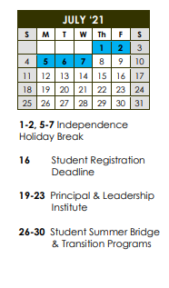 District School Academic Calendar for Career Academic Placement Program for July 2021