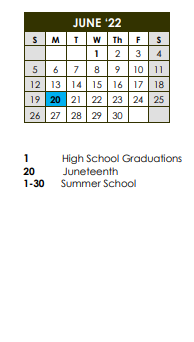 District School Academic Calendar for Watkins Elementary School for June 2022
