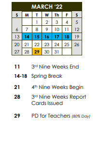District School Academic Calendar for Bradley Elementary School for March 2022