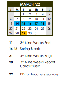 District School Academic Calendar for Career Academic Placement Program for March 2022