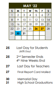 District School Academic Calendar for Wilkins Elementary School for May 2022