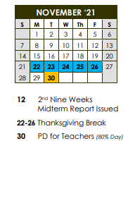 District School Academic Calendar for Bailey Magnet School for November 2021