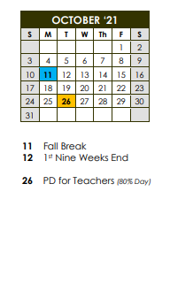 District School Academic Calendar for Watkins Elementary School for October 2021