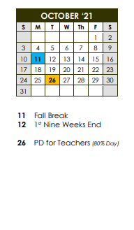 District School Academic Calendar for Career Academic Placement Program for October 2021