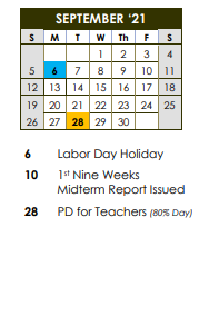 District School Academic Calendar for Lake Elementary School for September 2021