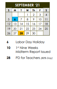 District School Academic Calendar for Career Academic Placement Program for September 2021