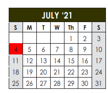 District School Academic Calendar for Williamson Co J J A E P for July 2021