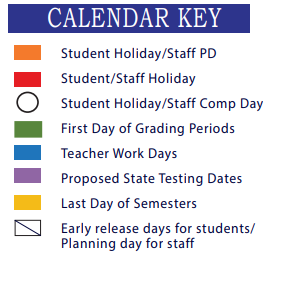 District School Academic Calendar Legend for Williamson Co J J A E P