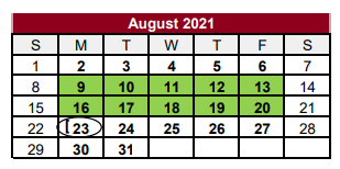 District School Academic Calendar for Jasper H S for August 2021