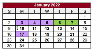 District School Academic Calendar for Jasper H S for January 2022