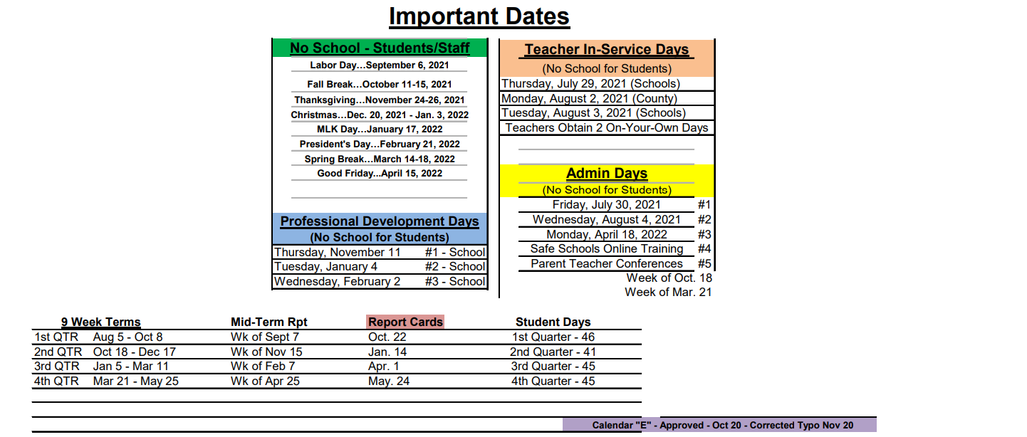 District School Academic Calendar Key for White Pine Elementary School