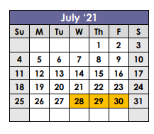 District School Academic Calendar for King Elementaryentary School for July 2021