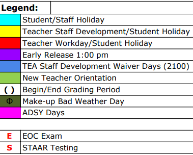 District School Academic Calendar Legend for Hebbronville Junior High