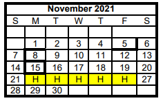 District School Academic Calendar for Joaquin Elementary for November 2021