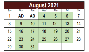 District School Academic Calendar for Lake Ridge Elementary School for August 2021