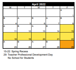 District School Academic Calendar for K.I.D.S. for April 2022