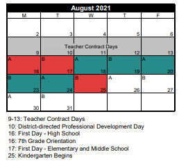 District School Academic Calendar for South Park Academy for August 2021