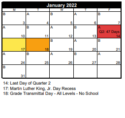 District School Academic Calendar for Park Lane School for January 2022