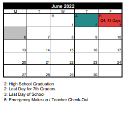 District School Academic Calendar for Oquirrh School for June 2022