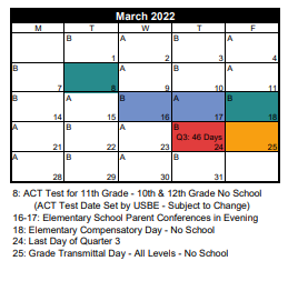 District School Academic Calendar for Jordan Valley School for March 2022