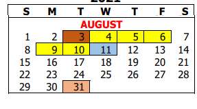 District School Academic Calendar for Atascosa County Juvenile Justice C for August 2021