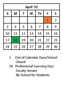 District School Academic Calendar for Dunbar Intermediate Center for April 2022