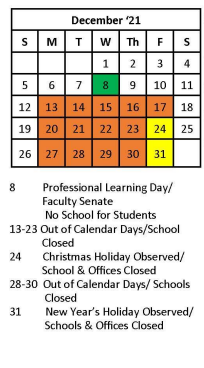 District School Academic Calendar for Dunbar Intermediate Center for December 2021