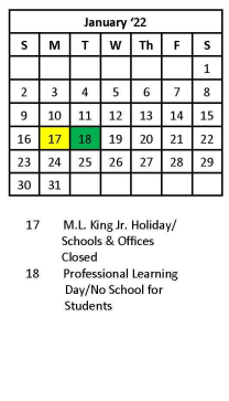 District School Academic Calendar for Dunbar Intermediate Center for January 2022