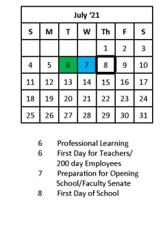 District School Academic Calendar for Dunbar Intermediate Center for July 2021